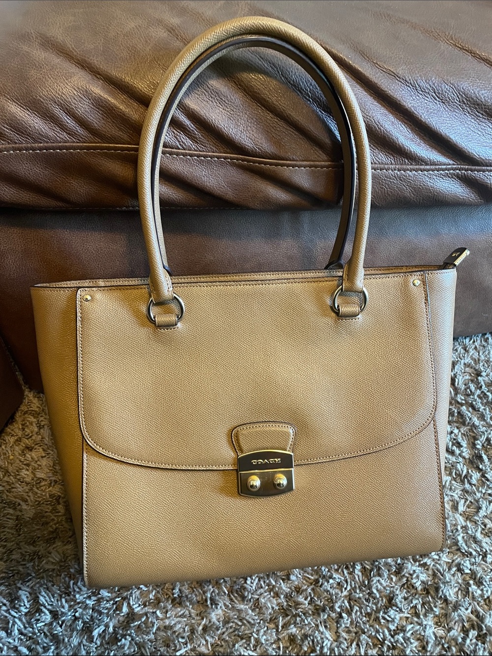 Coach Tan Saffiano Leather Top-Handle Satchel with Gold Hardware w/COA